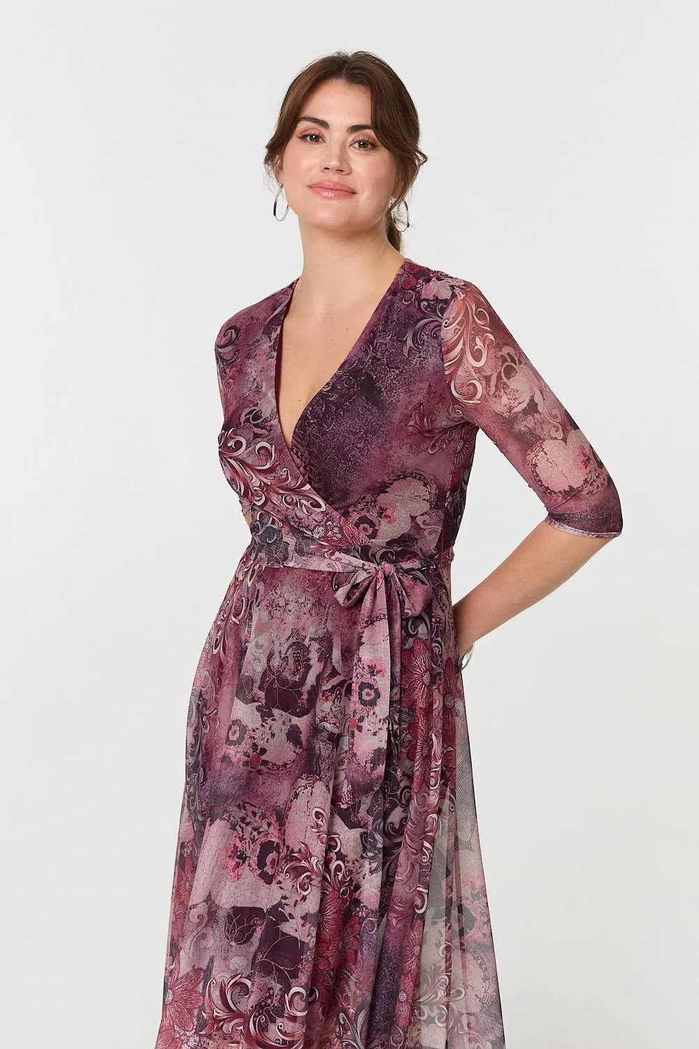 Floral Mesh Hanky Hem Wrap Midi Dress