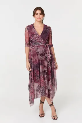 Floral Mesh Hanky Hem Wrap Midi Dress