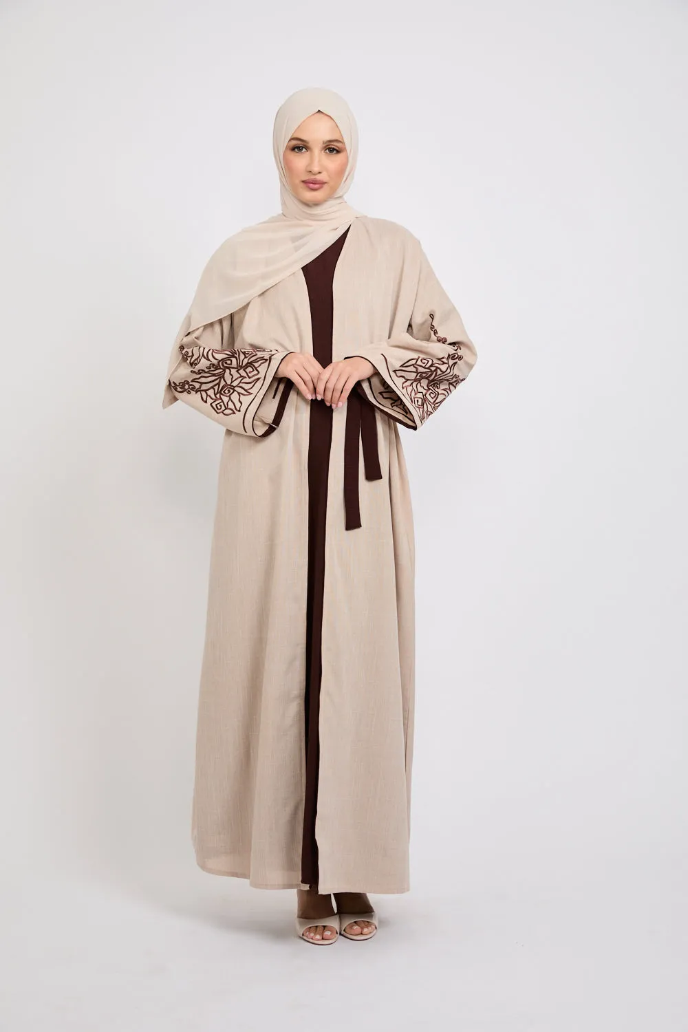 Four Piece Contrast Embroidered Sleeve Open Abaya Set - Spiced Cappucino