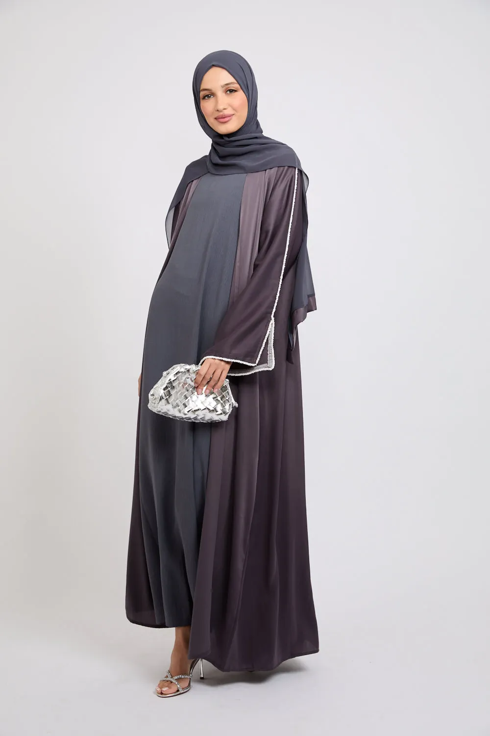 Four Piece Open Abaya Set with Dainty Sleeve Detailing - Ash Purple