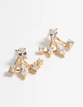 Gold Plated Cubic Zirconia Fan Jacket Earrings