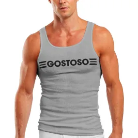 Gostoso Logotipo Stripes Print Ribbed Tank Top in Light Gray & Black - Men's Tank Tops