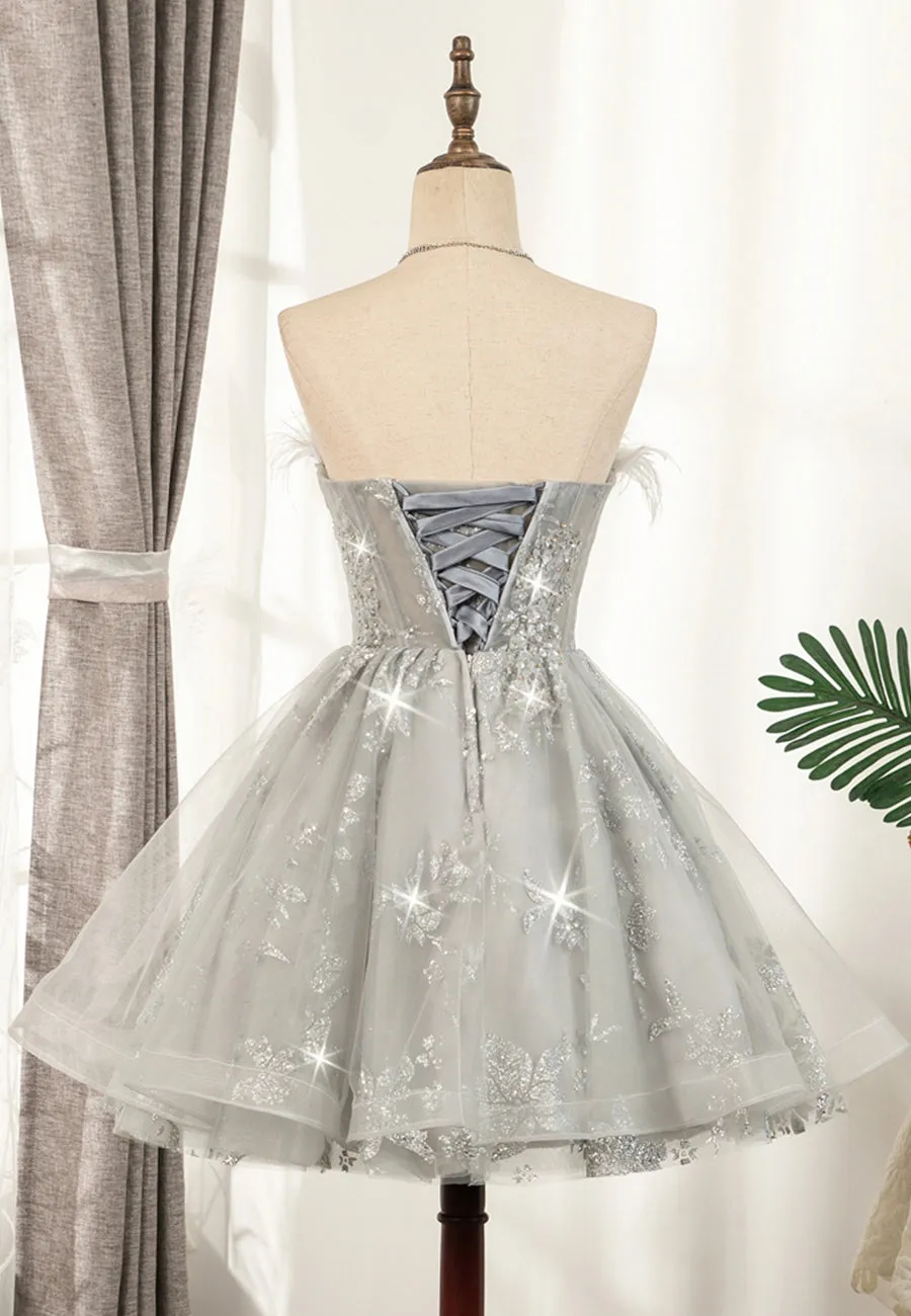 Gray Strapless Feather Short Prom Dresses, Cute Party Dresses