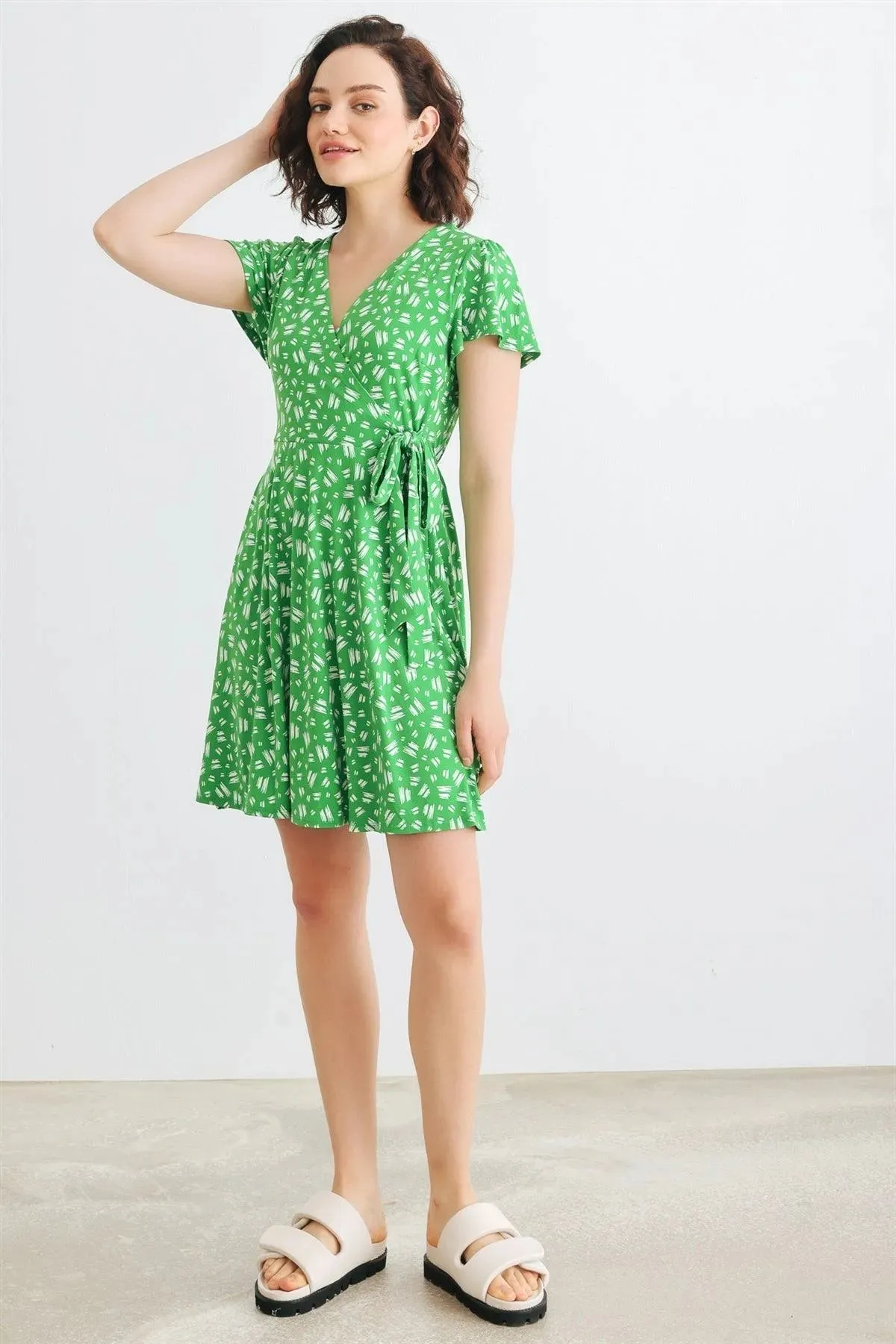 Green & White Print Wrap Neck Short Sleeve Tie Mini Dress /2-2-2