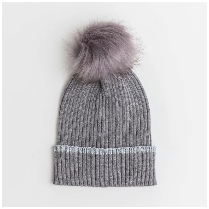 Grey & Silver Fur Pom Pom Beanie