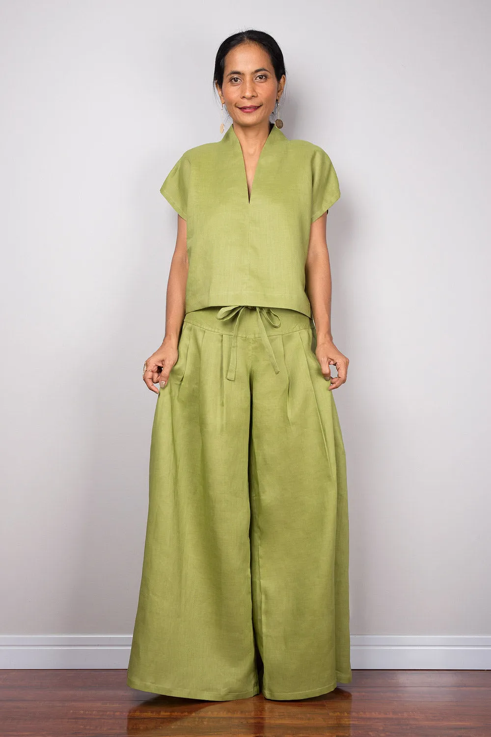 Handmade green linen long wide leg palazzo pants. Olive green high waist women's summer pants