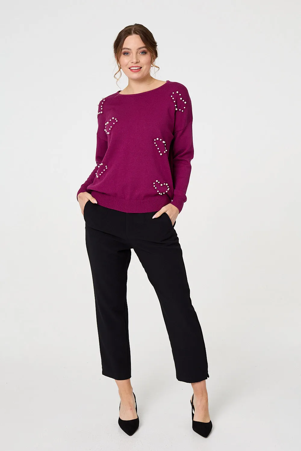 Heart Embellished Boat Neck Jumper