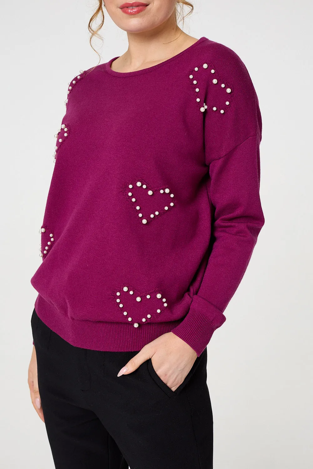 Heart Embellished Boat Neck Jumper