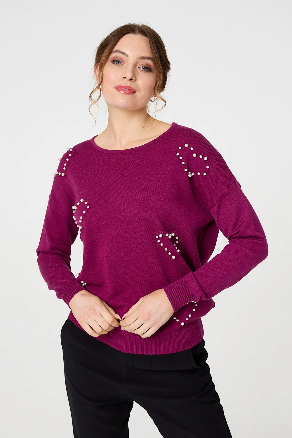 Heart Embellished Boat Neck Jumper