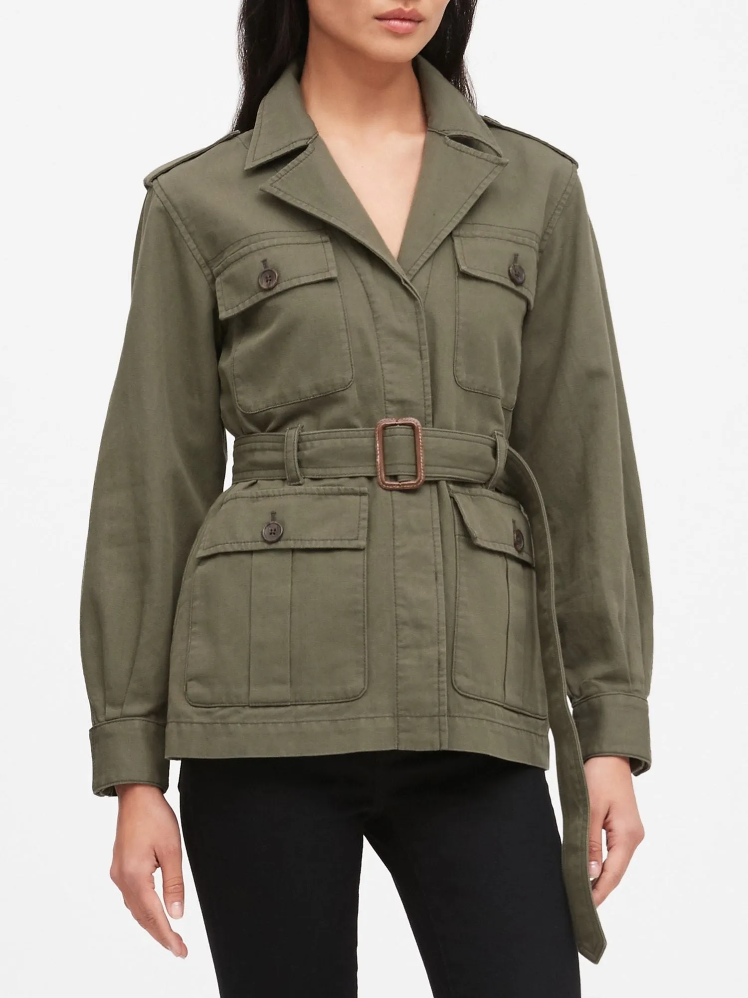 Heritage Cotton-Linen Safari Jacket in Green Olive Branch