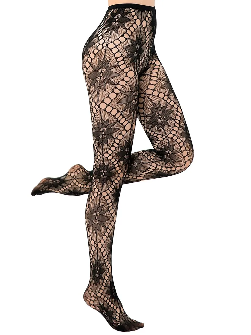 HONENNA Patterned Fishnets Tights Black Pantyhose Stockings for Women, 1-6 Pairs