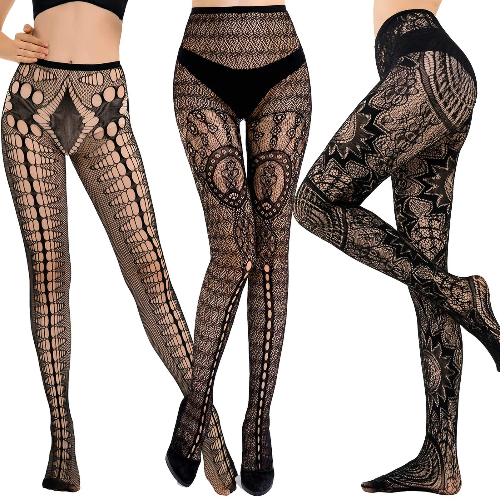 HONENNA Patterned Fishnets Tights Black Pantyhose Stockings for Women, 1-6 Pairs