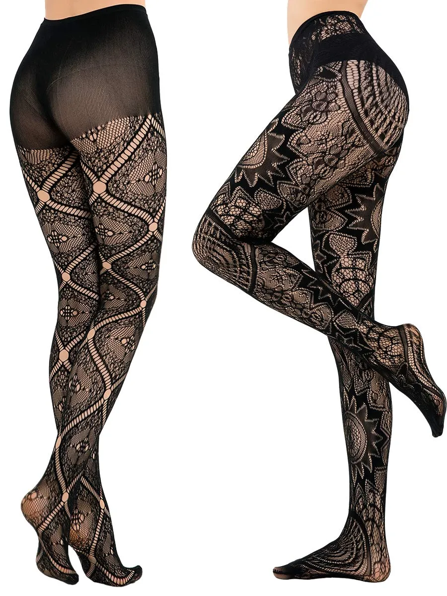 HONENNA Patterned Fishnets Tights Black Pantyhose Stockings for Women, 1-6 Pairs