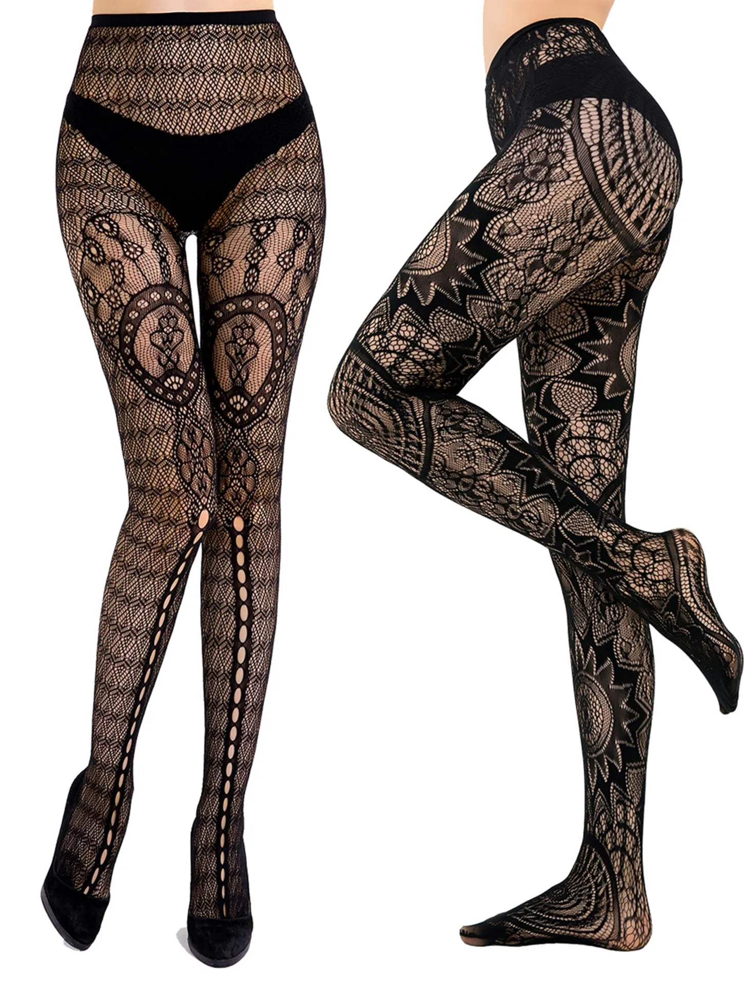 HONENNA Patterned Fishnets Tights Black Pantyhose Stockings for Women, 1-6 Pairs