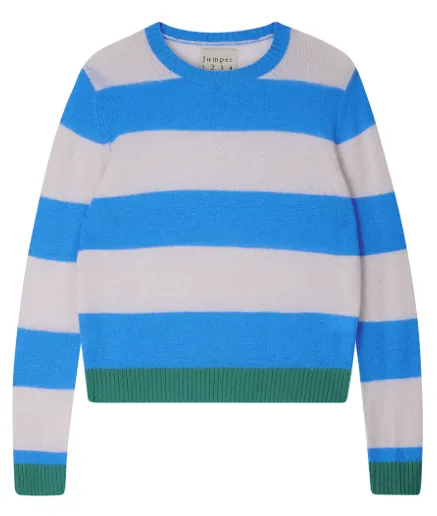 Jumper 1 2 3 4 Cashmere Contrast Stripe Crew in Sky, Fog and Green