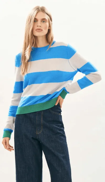 Jumper 1 2 3 4 Cashmere Contrast Stripe Crew in Sky, Fog and Green