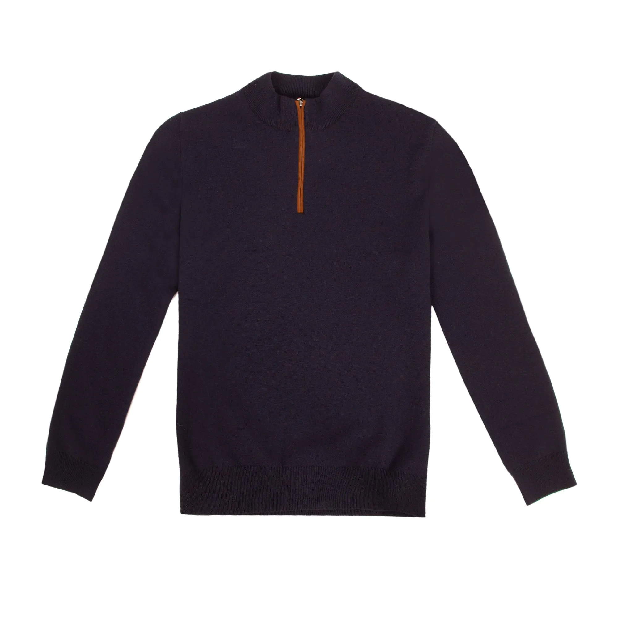 Jumper dark blue with brown leather zip