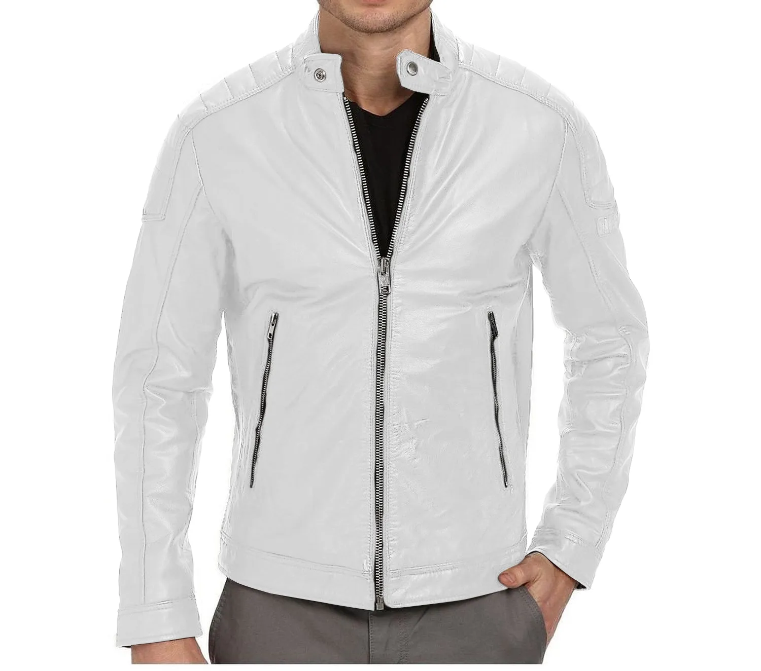 Leather Jackets Hub Mens Genuine Lambskin Leather Jacket (Black, Racer Jacket) - 1501026