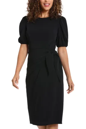 London Times Puff Sleeve Crew Neck Midi Sarong Wrap Dress