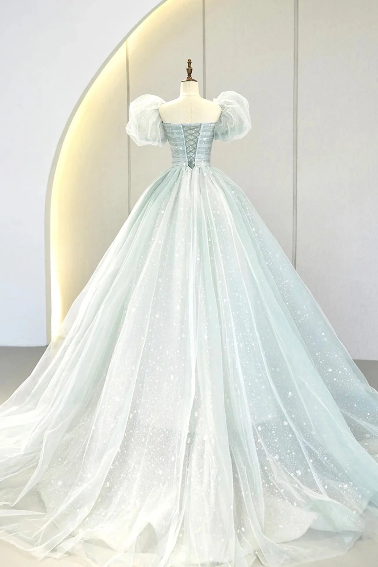 Lovely Puff Sleeve Tulle Formal Evening Gown, A-Line Long Prom Dress