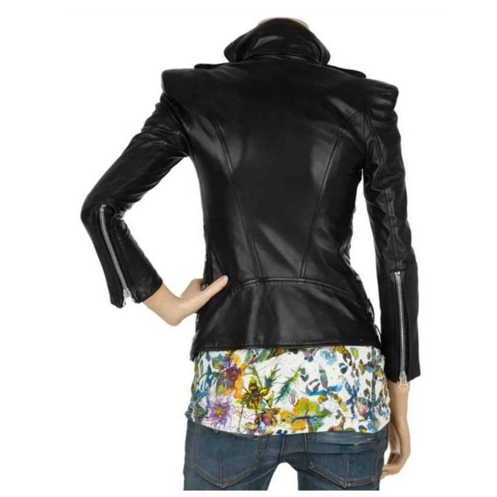 Military Black Leather Women Fashion Zipper Jacket