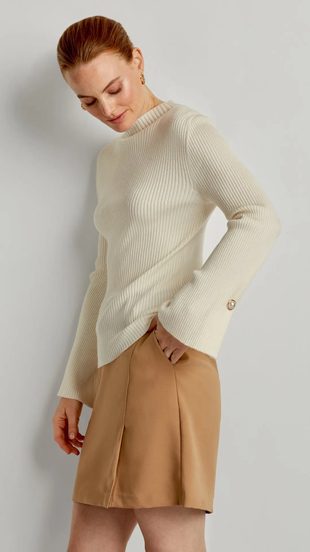 MOCK NECK FLUTTER SLEEVE SWEATER