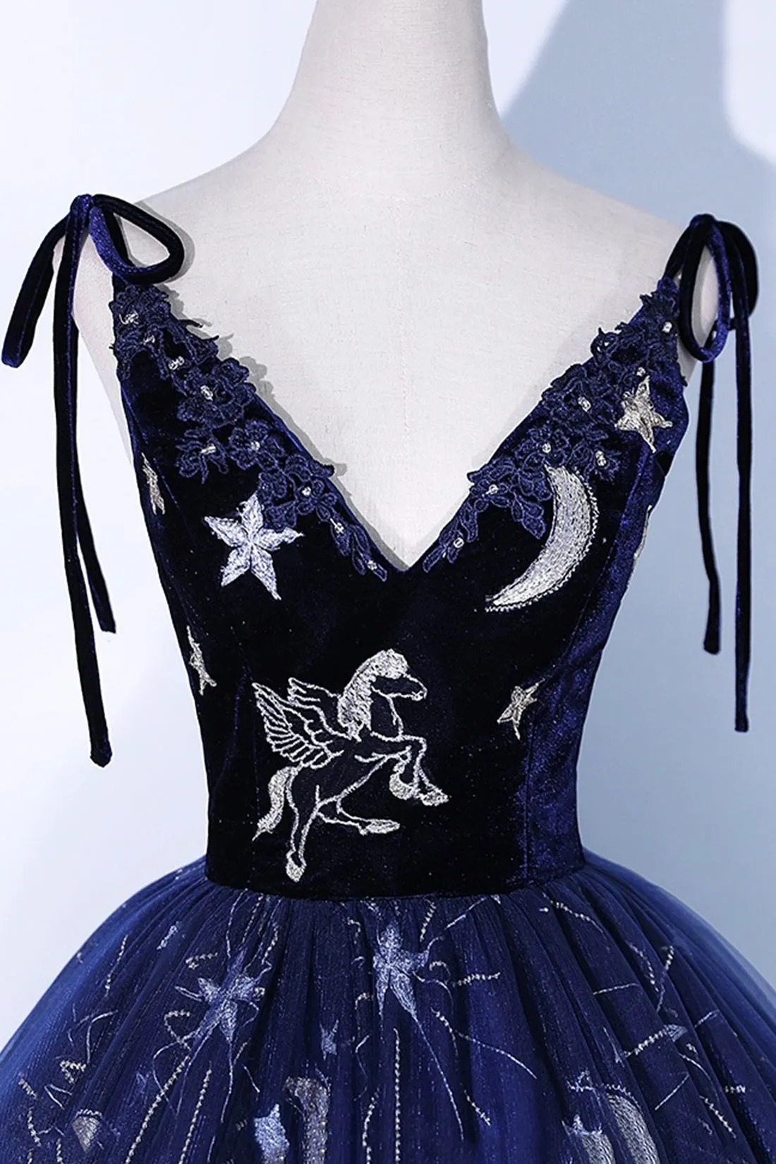 Navy Blue Tulle Long Prom Dress, Spaghetti Straps Lace Flower Backless Formal Dress