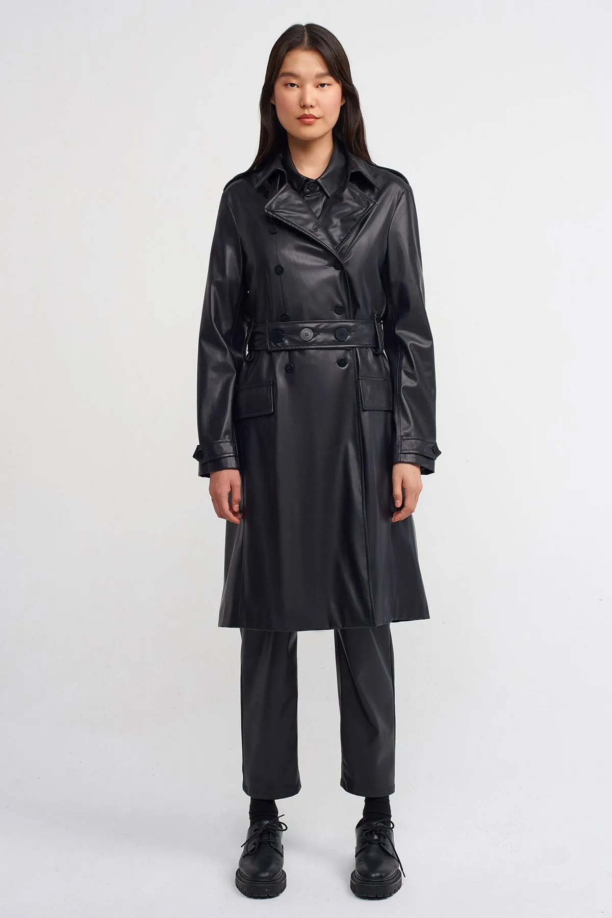 Nu Synthetic Leather Trench Coat Black