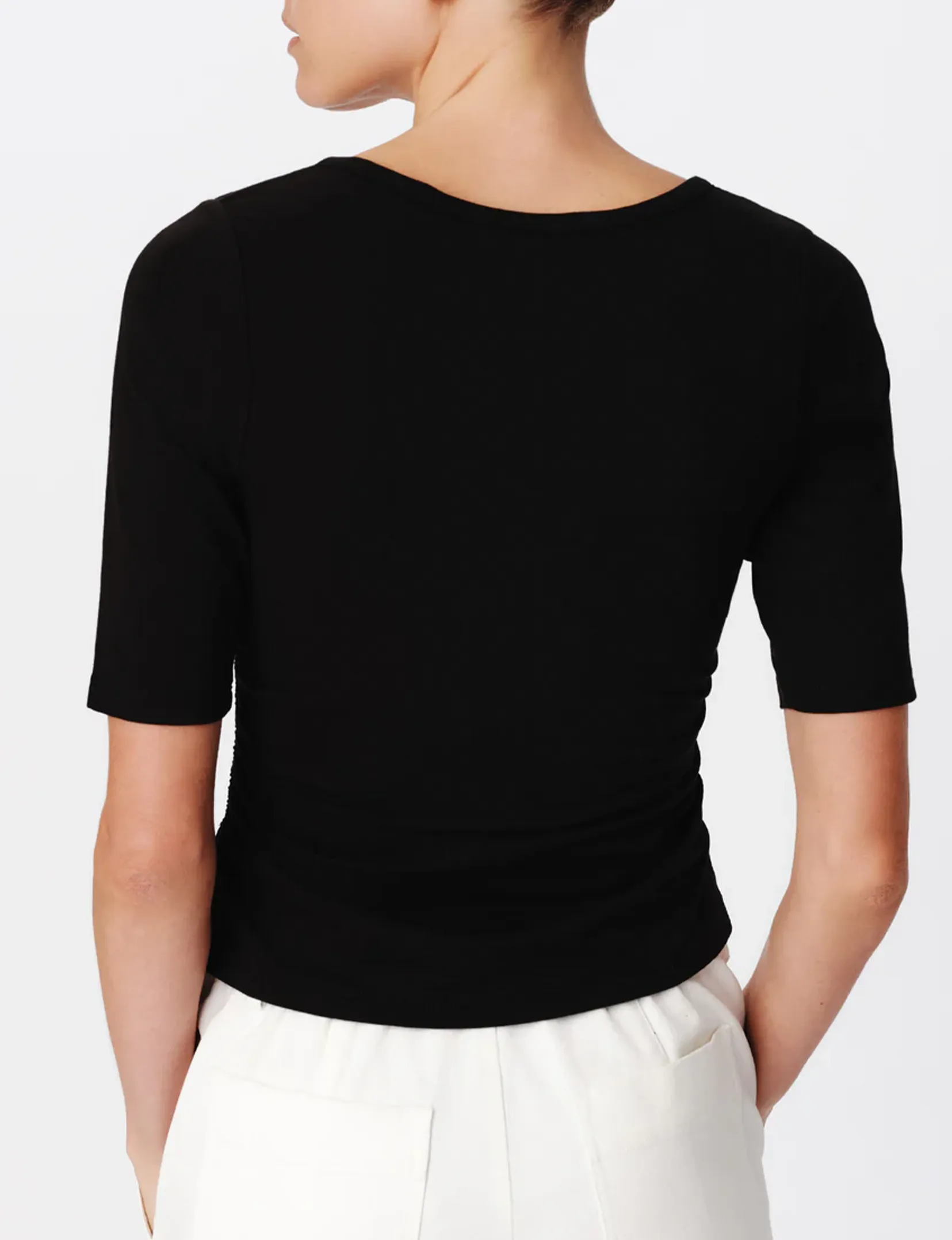 Pima Cotton Elbow Sleeve V-Neck Tee, Black