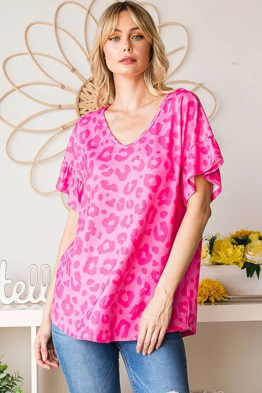 Pink Animal Print Ruffled Top