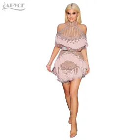 Pink Luxury Beading off shoulder Tassel Mesh Short Sleeve Sexy Dress