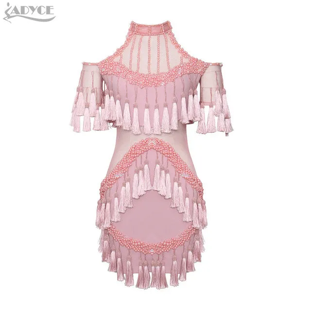 Pink Luxury Beading off shoulder Tassel Mesh Short Sleeve Sexy Dress