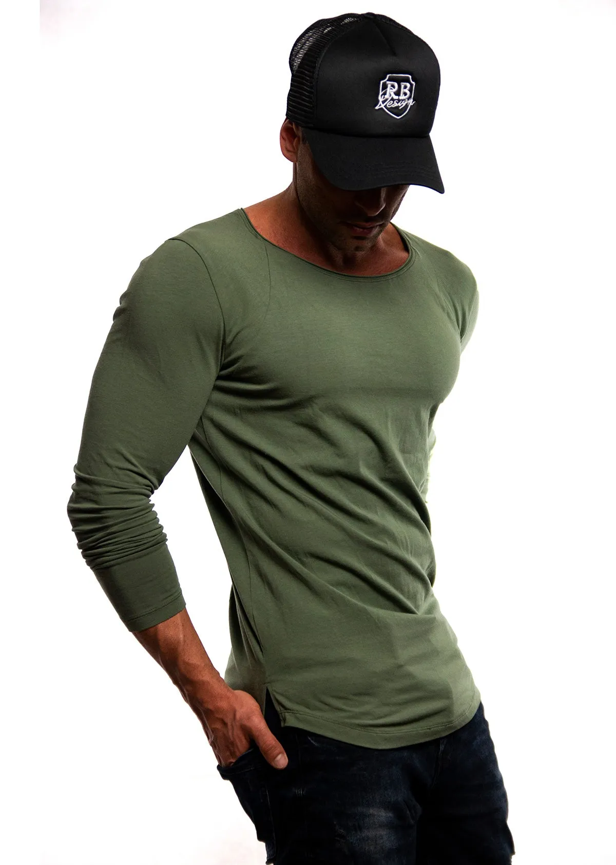 Plain Army Green Scoop Neck Long Sleeve T-shirt / Khaki Color