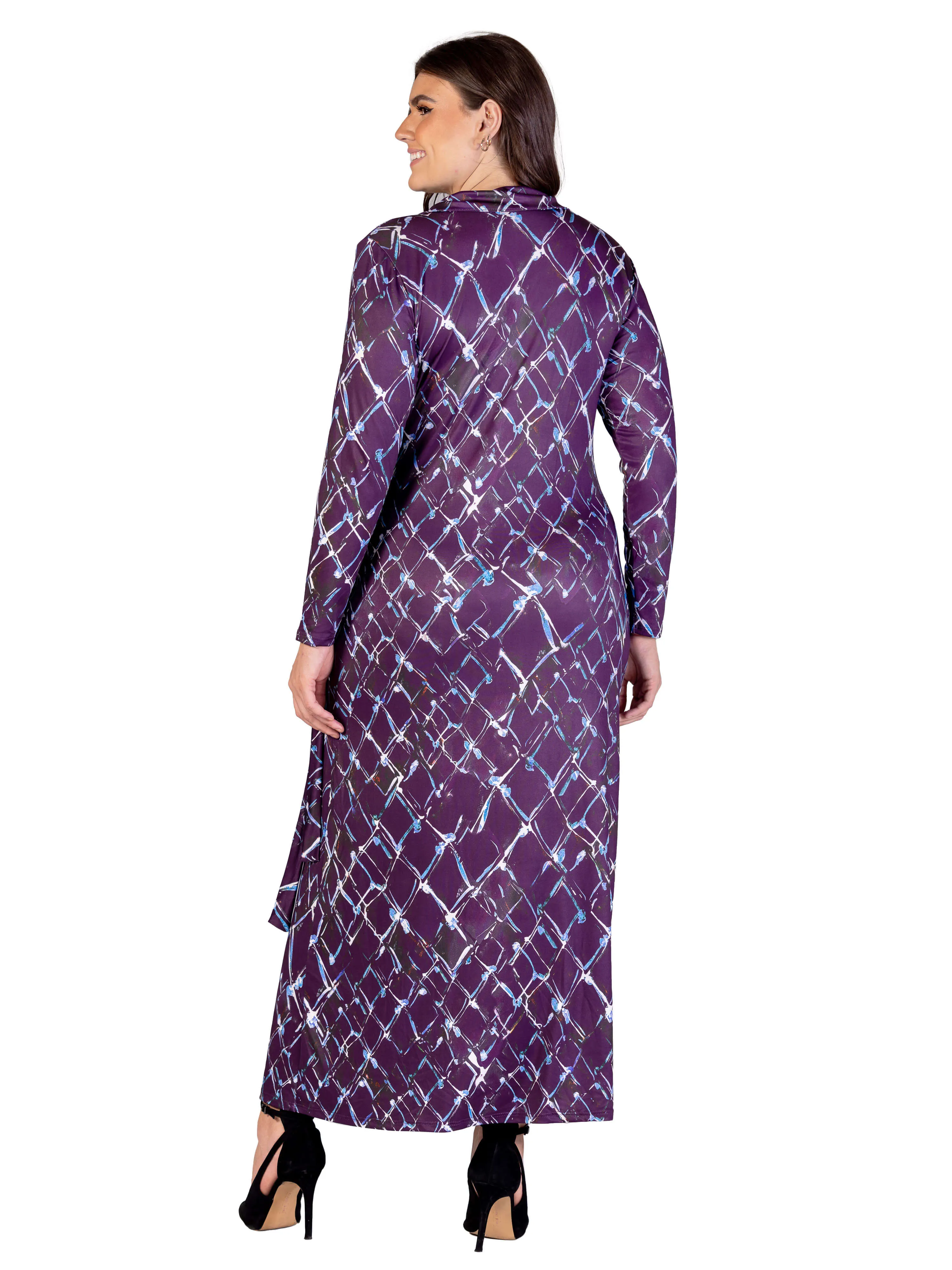 Plus Size Purple Print Collared Wrap Maxi Dress