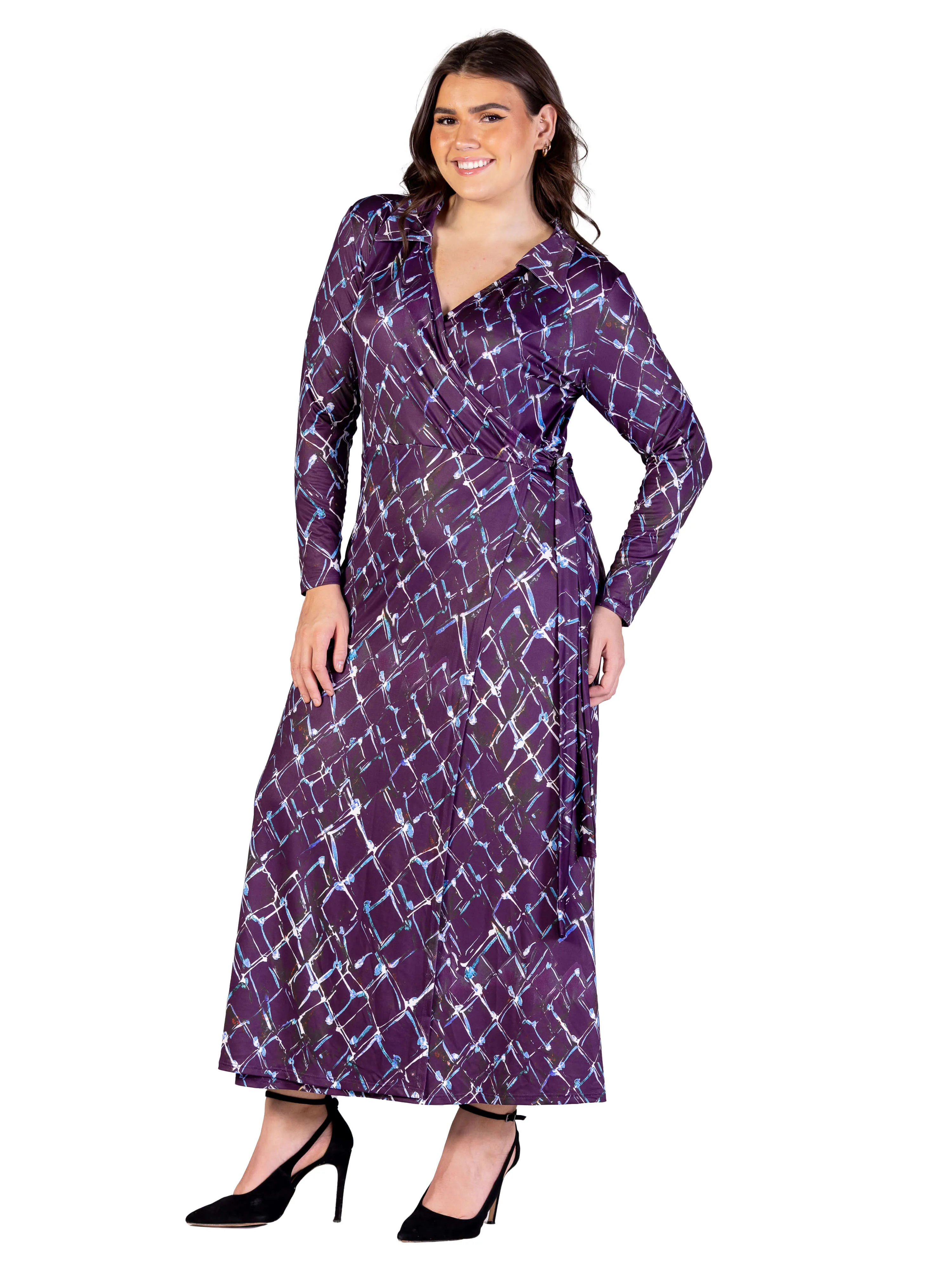 Plus Size Purple Print Collared Wrap Maxi Dress