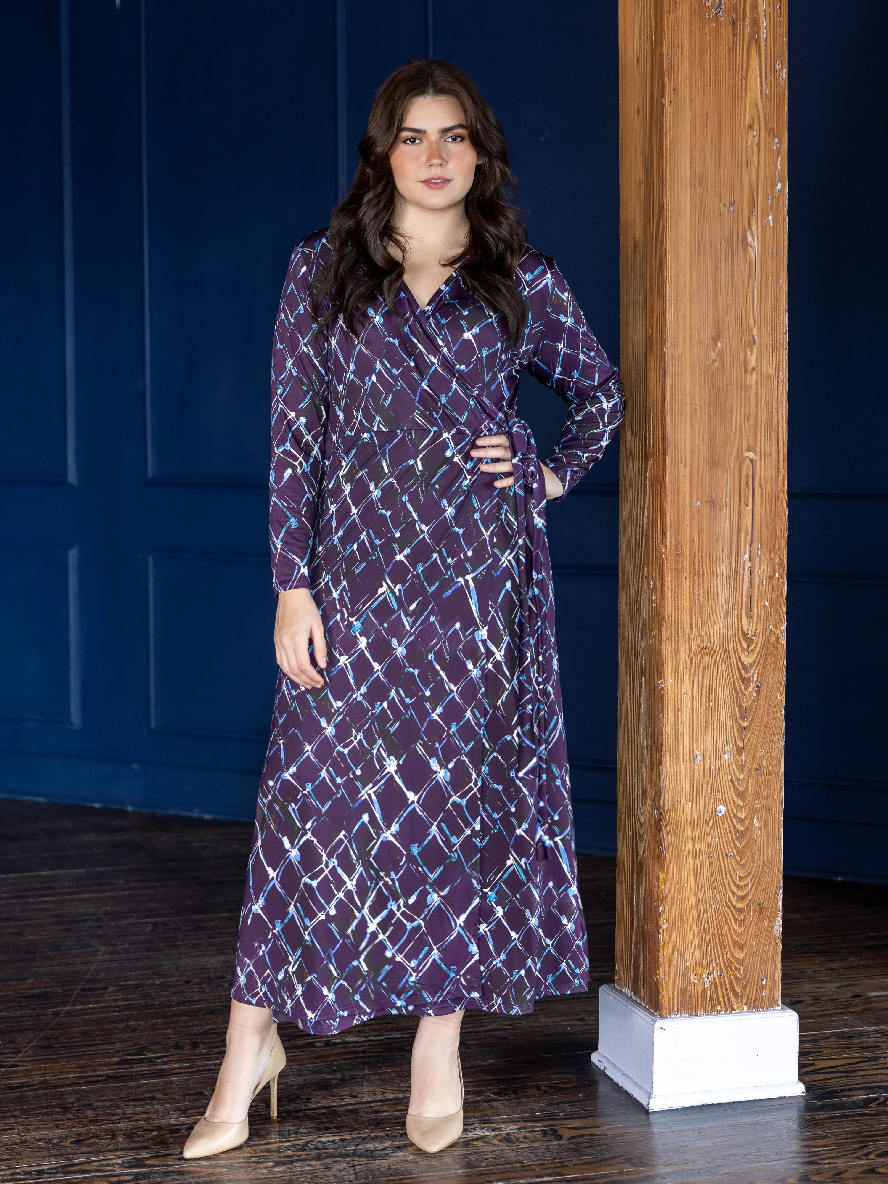 Plus Size Purple Print Collared Wrap Maxi Dress