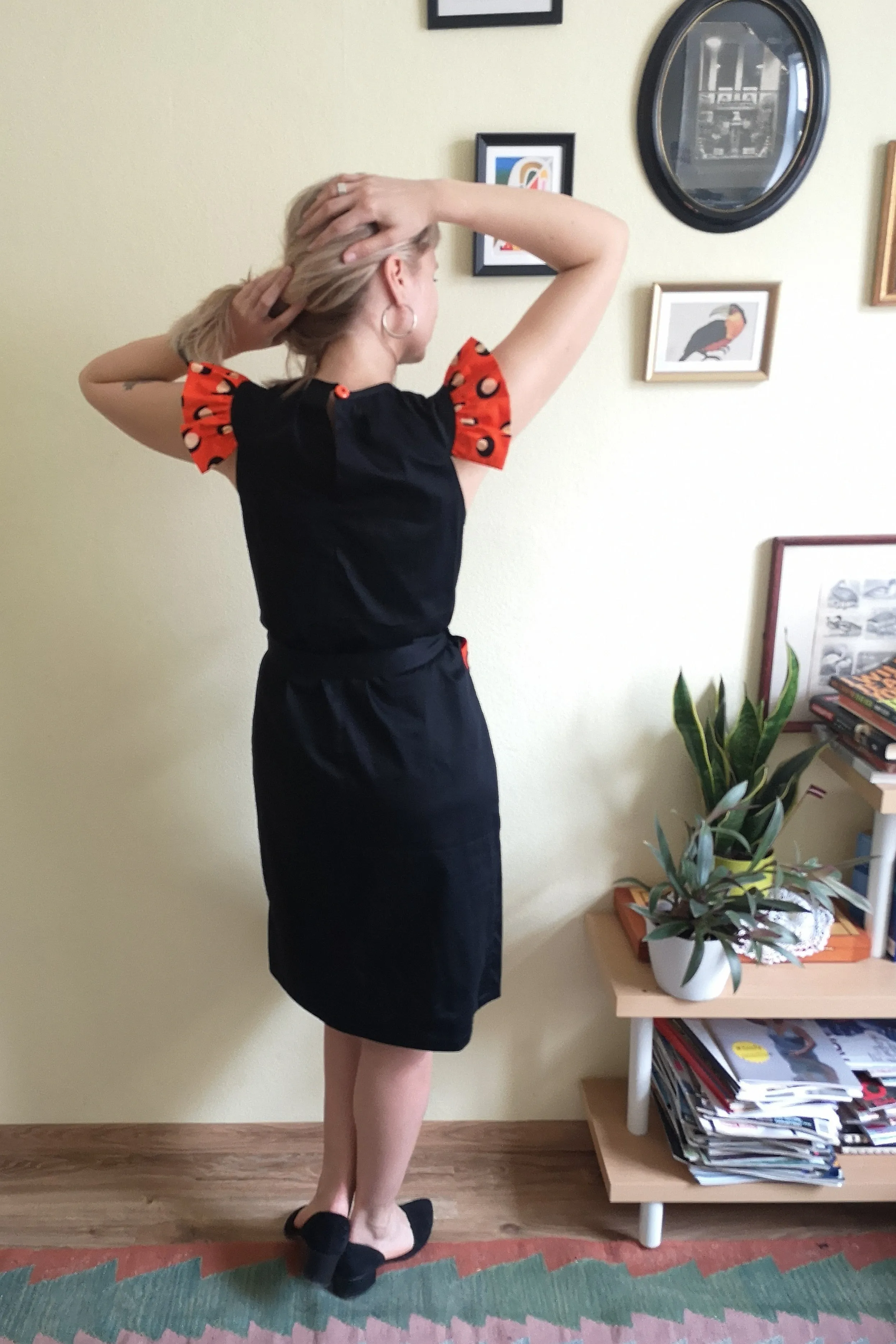 Powerful and Fun Black Cotton Space Princess Aviators Straight Pencil dress with Contrasting Orange-Red Wings