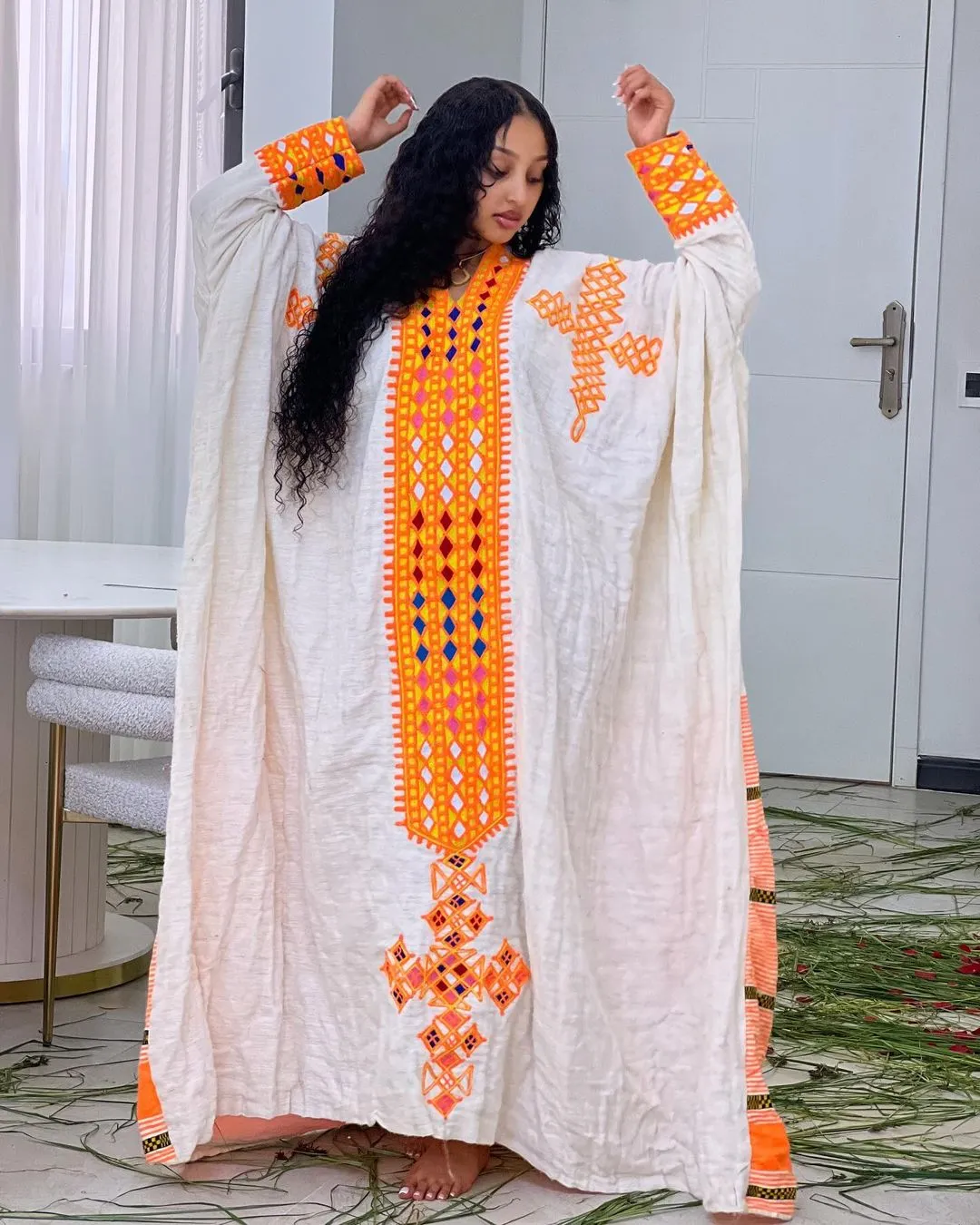 Radiant Orange and Pink Habesha Kemis Fetil Habesha Dress Cultural Ethiopian Dress