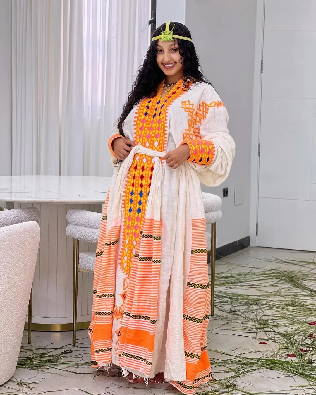 Radiant Orange and Pink Habesha Kemis Fetil Habesha Dress Cultural Ethiopian Dress