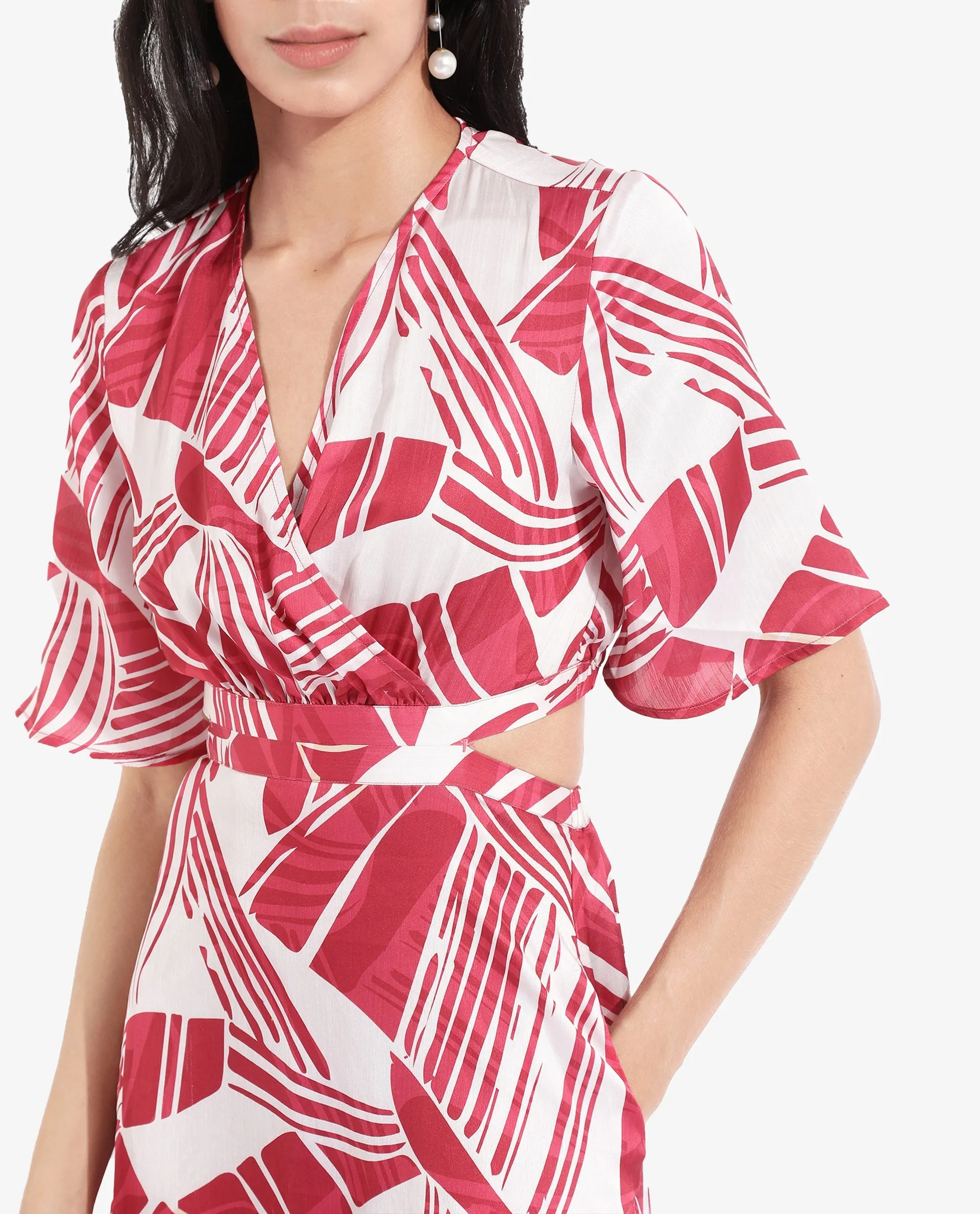 Rareism Women Colima Red Short Sleeve Over Lap Neck Fit And Flare Maxi Abstract Print Dress