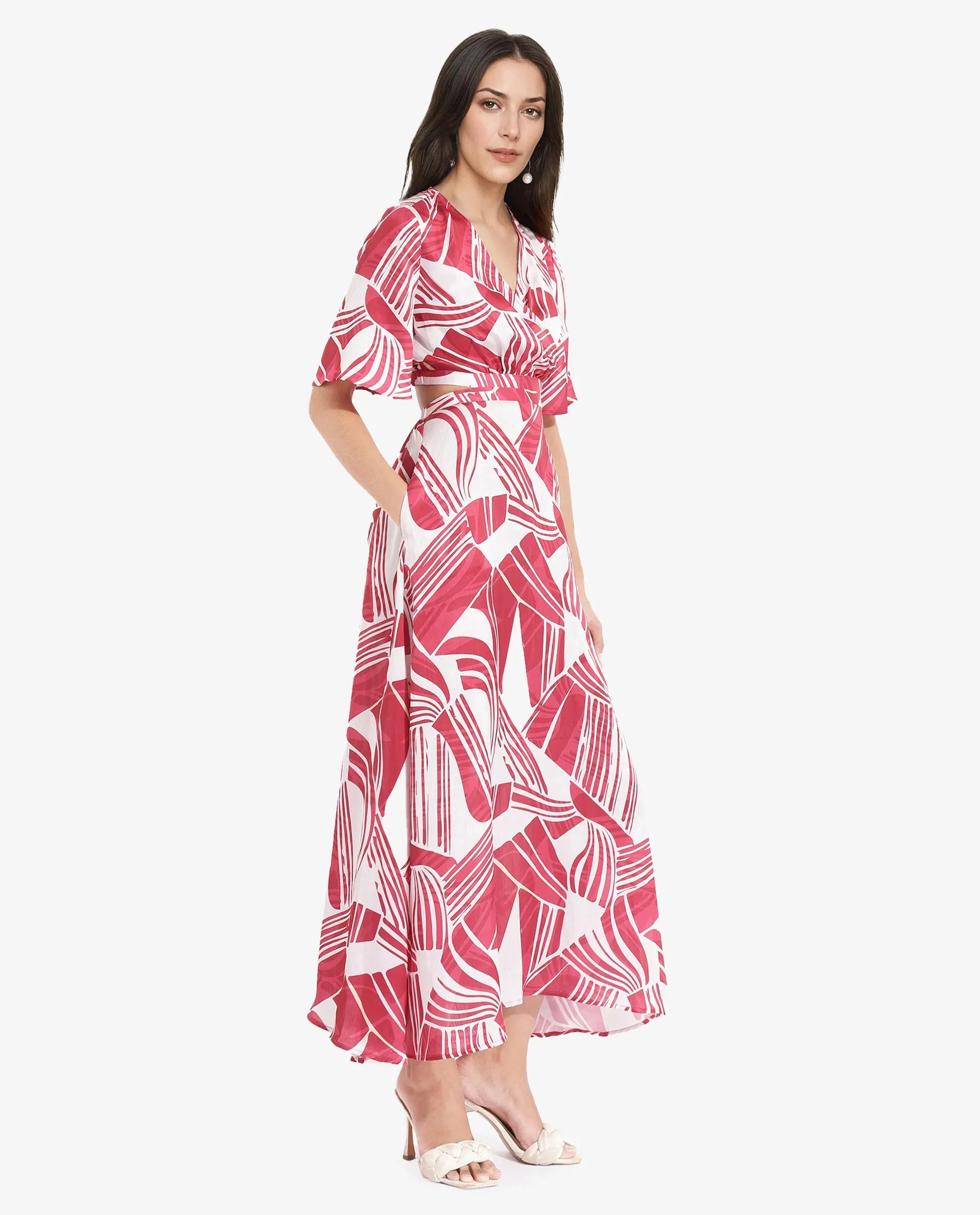 Rareism Women Colima Red Short Sleeve Over Lap Neck Fit And Flare Maxi Abstract Print Dress