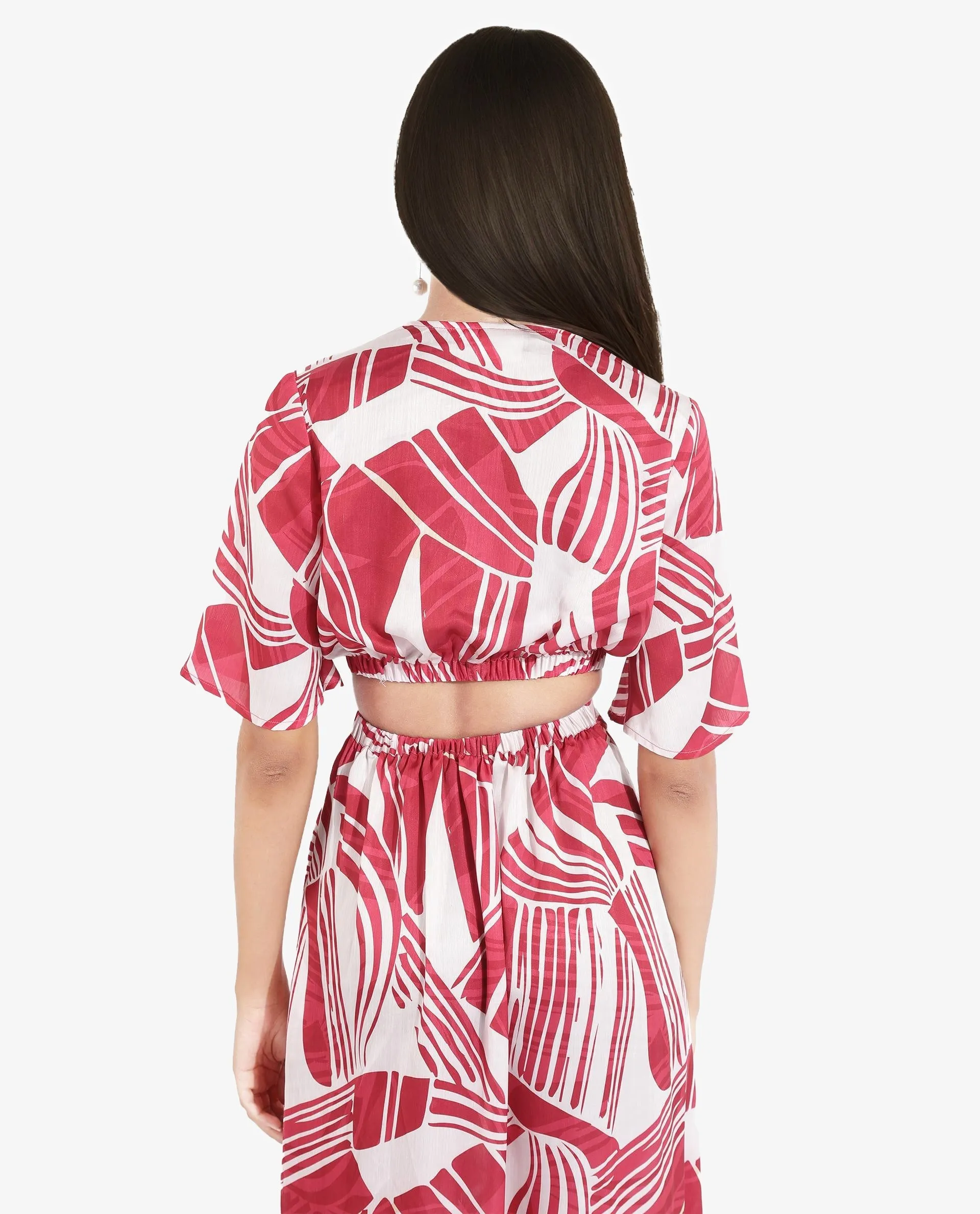 Rareism Women Colima Red Short Sleeve Over Lap Neck Fit And Flare Maxi Abstract Print Dress