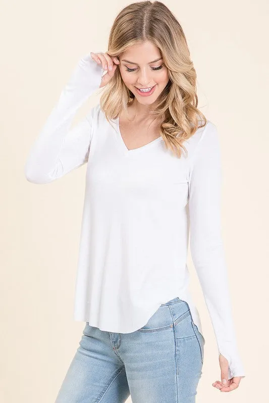 RIBBED V-NECK LONG SLEEVE TEE (WHITE)