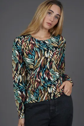 Round neck printed top with long sleeve. Blue Pink Or Tan51704 A24