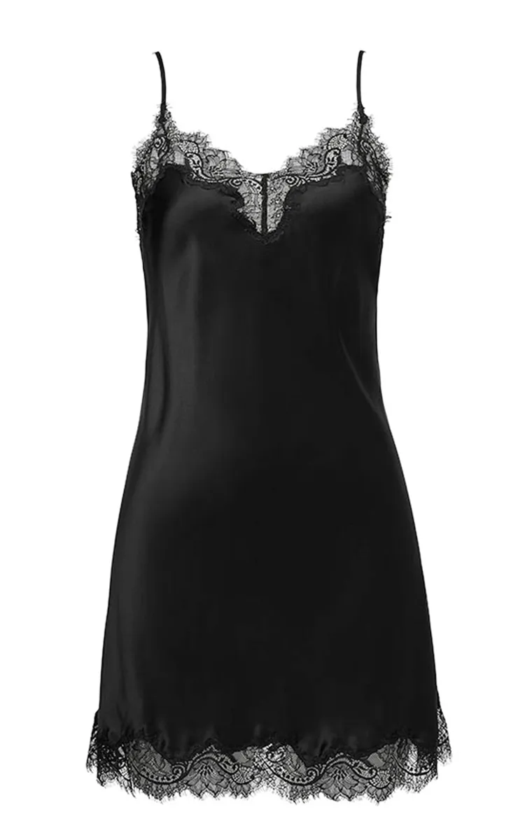 Sainted Sisters 100% Silk Chemise with lace in Black Scarlett L3002