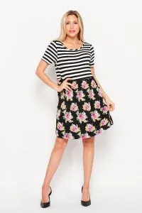 Short Sleeve Stripe and Floral Dress