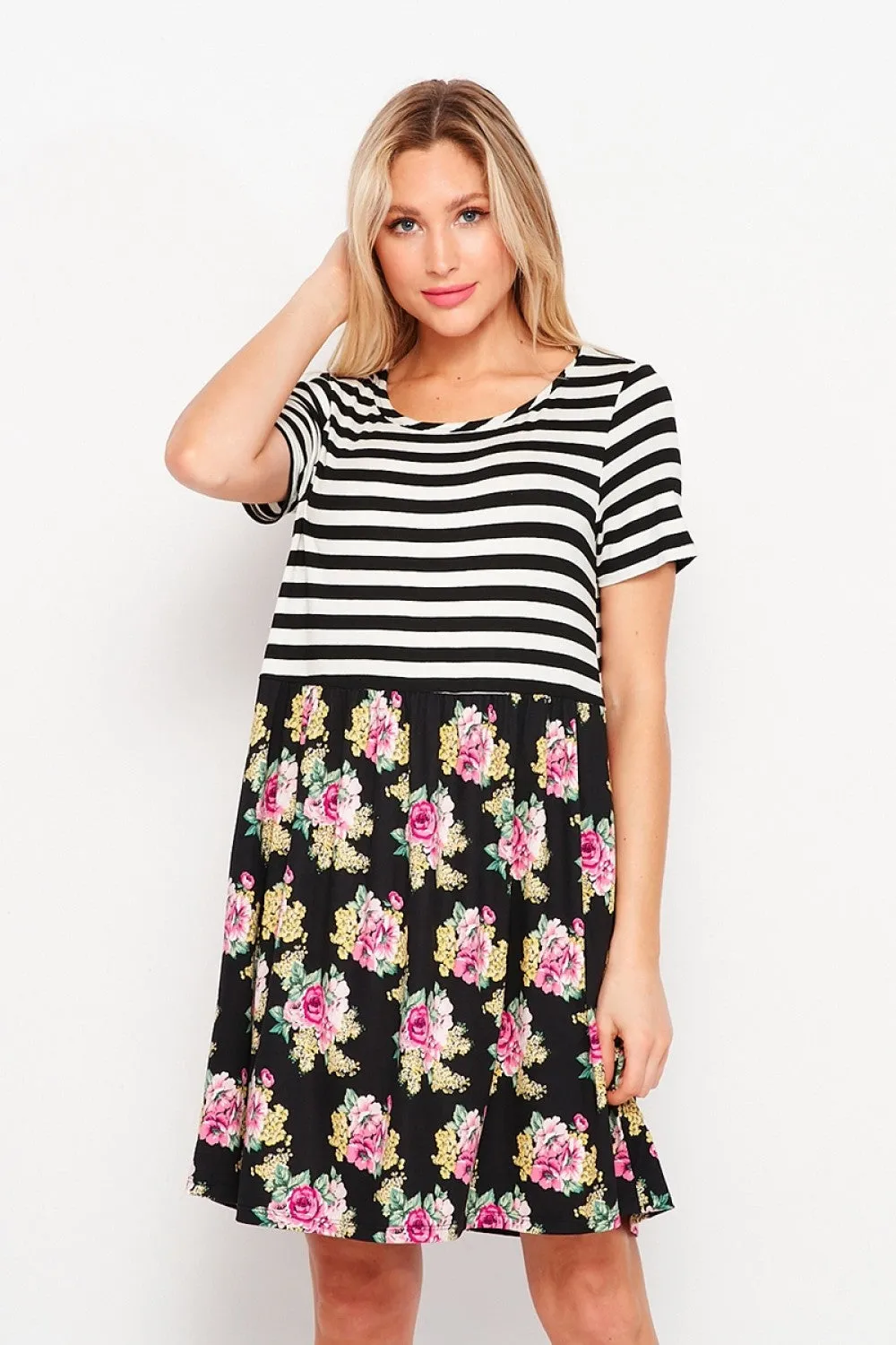 Short Sleeve Stripe and Floral Dress