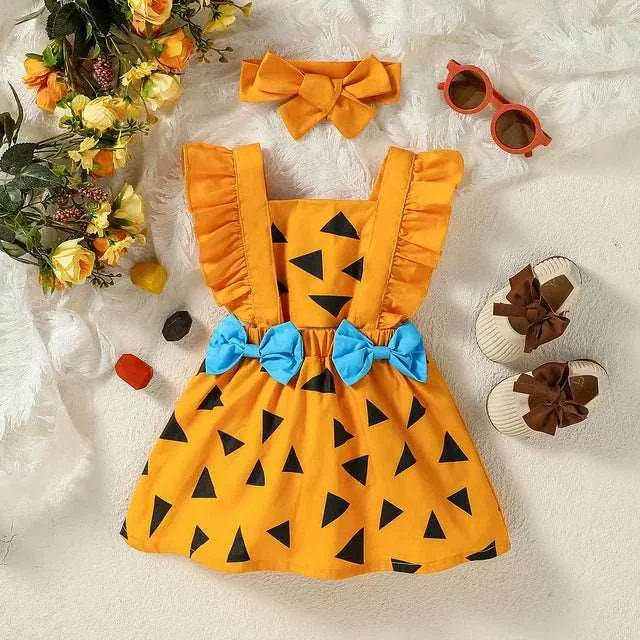 Strap dress bow tie triangle print triangle Ha dress