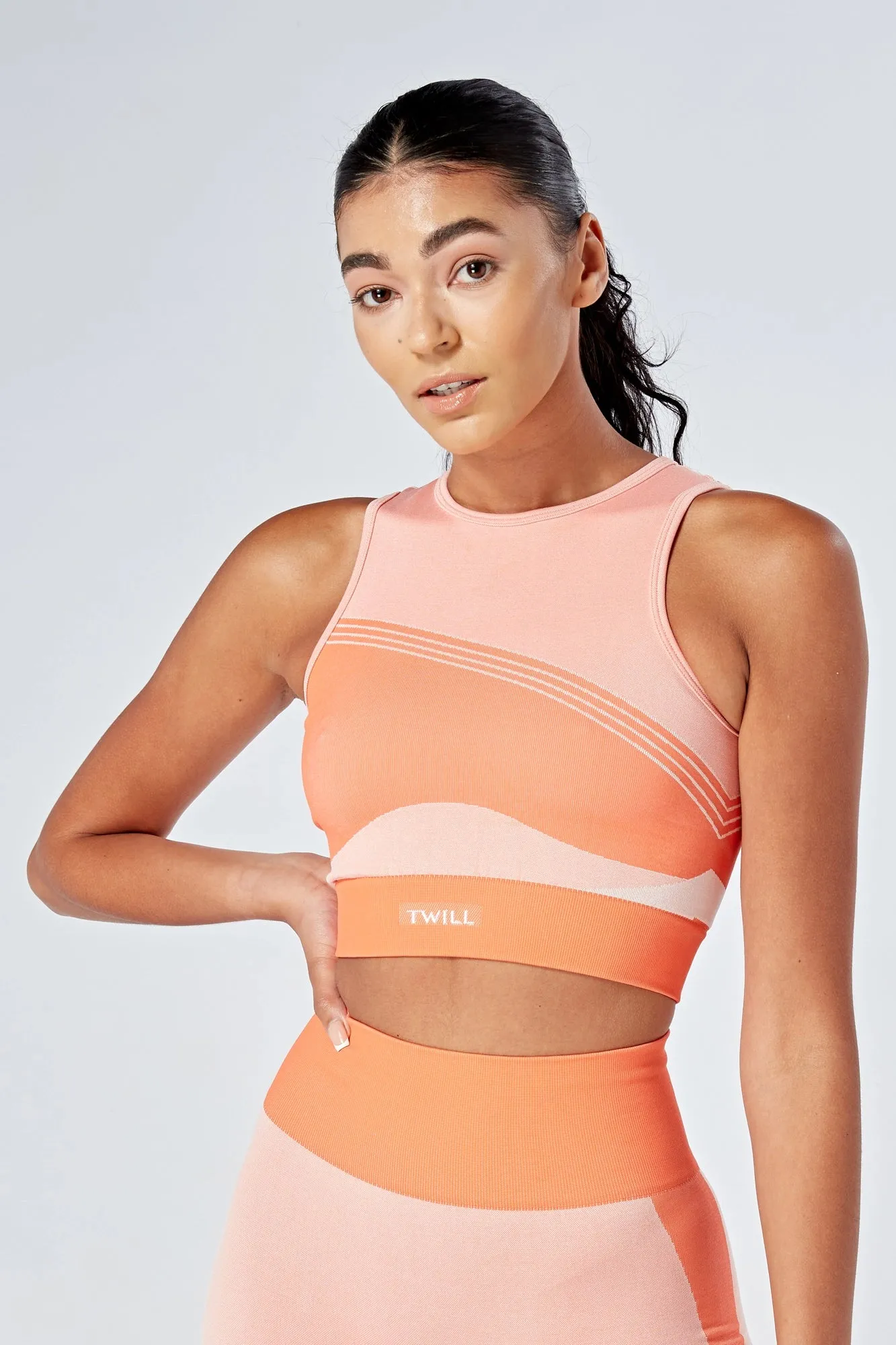 Twill Active Recycled Colour Block Body Fit Racer Crop Top - Coral