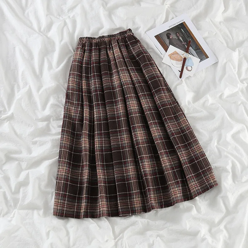 Two pc set plus size sweater ripped edge high waist plaid long skirt autumn sweet kawaii Korean suit